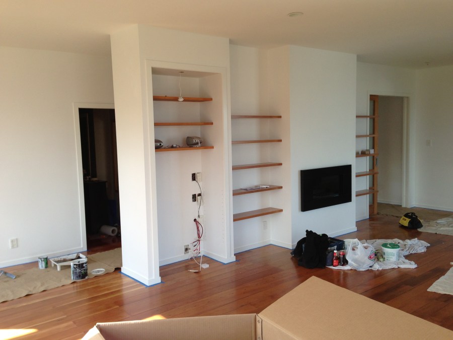 New shelving and fireplace